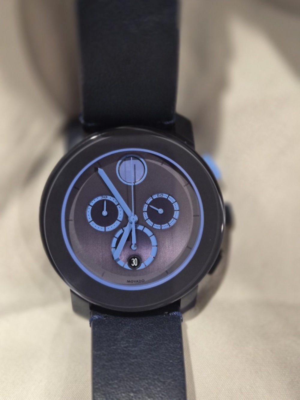 Movado Bold Blue Chronograph Dial Men's Watch with Leather Strap